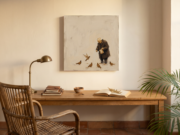 Old Man Feeding Pigeons Wall Art — Original Palette-Knife Oil, Chocolate & Cream