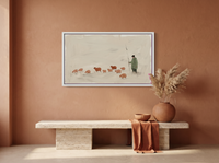 Shepherd and Flock Wide Wall Art — Original Oil Landscape, Sage & Terracotta — original hand-painted oil shown on the wall in a styled room