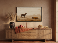 Standing and Resting Horses Wide Wall Art — Original Palette-Knife Oil, Chocolate & Rust — original hand-painted oil shown on the wall in a styled room