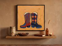 Cowboy Boots Wall Art — Original Palette-Knife Oil, Navy & Red — original hand-painted oil shown on the wall in a styled room