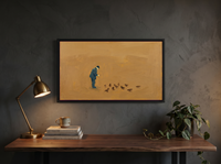 Man Feeding Pigeons Wide Wall Art — Original Oil Landscape, Golden Ochre & Navy — original hand-painted oil shown on the wall in a styled room