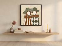 Two Ladies in Hats Wall Art — Original Palette-Knife Oil, Olive & Sienna — original hand-painted oil shown on the wall in a styled room