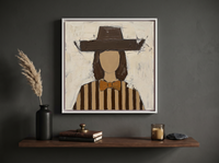 Lady in an Angular Brown Hat Wall Art — Original Palette-Knife Oil, Chocolate & Tan — original hand-painted oil shown on the wall in a styled room