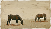 Original wide oil painting of two dark olive-brown horses grazing across an oat-cream pasture with burnt-sienna grass marks, palette-knife texture