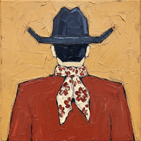 Original oil painting of a cowboy seen from behind in a navy structured hat with a cream red-floral bandana over a rust-red shirt, on a golden ochre ground
