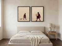Man with Dog & Woman with Bouquet — Set of 2 Original Oils, Wine & Oat — original hand-painted oil shown on the wall in a styled room