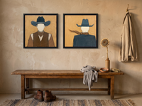 Cowboy Pair, Front & Back — Set of 2 Original Oils, Ochre & Slate Blue — original hand-painted oil shown on the wall in a styled room