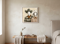 Cowboy & Cowgirl Couple Wall Art — Original Palette-Knife Oil, Olive & Rust — original hand-painted oil shown on the wall in a styled room