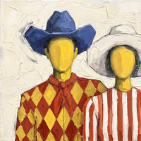 Original oil painting of a faceless cowboy in a cobalt hat with a yellow face over red and yellow diamonds, beside a striped companion, on a cream ground
