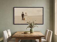Wedding Couple and Dog Wide Wall Art — Original Palette-Knife Oil, Chocolate & Cream — original hand-painted oil shown on the wall in a styled room