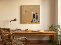 Couple Walking Hand in Hand Wall Art — Original Oil, Navy & Ochre — original hand-painted oil shown on the wall in a styled room