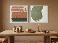 Bands & Monolith — Set of 2 Original Oils, Sage & Terracotta — original hand-painted oil shown on the wall in a styled room