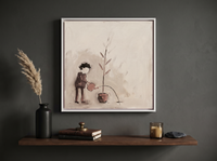 Woman Watering a Plant Wall Art — Original Palette-Knife Oil, Mauve & Rose-Brown — original hand-painted oil shown on the wall in a styled room