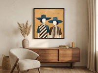 Two Women in Hats Wall Art — Original Palette-Knife Oil, Teal & Ochre — original hand-painted oil shown on the wall in a styled room