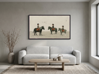 Three Children on Ponies Wide Wall Art — Original Palette-Knife Oil, Sage & Terracotta — original hand-painted oil shown on the wall in a styled room