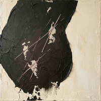 Original textured oil painting of a near-black charcoal mass with a dark brown core and thin oxblood-purple scraped diagonal lines, on a cream ground, heavy palette-knife impasto.