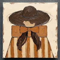 Oil painting of a cowgirl in a chocolate hat with a wide flat angular brim, a tan face, gold bow and chocolate-and-tan striped body, on a cream ground.