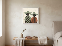 Two Women in Hats Wall Art — Original Palette-Knife Oil, Sage & Terracotta — original hand-painted oil shown on the wall in a styled room
