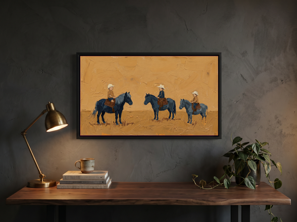Three Children on Ponies Wide Wall Art — Original Palette-Knife Oil, Navy & Golden Ochre