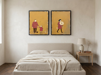 Father & Child with Woman & Bouquet — Set of 2 Original Oils, Mustard & Rose — original hand-painted oil shown on the wall in a styled room