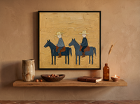 Two Riders on Horseback Wall Art — Original Palette-Knife Oil, Slate Blue & Ochre — original hand-painted oil shown on the wall in a styled room