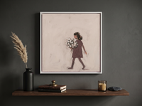 Girl with a Bouquet Wall Art — Original Palette-Knife Oil, Mauve & Cream — original hand-painted oil shown on the wall in a styled room