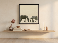 Two Grazing Horses Wall Art — Original Palette-Knife Oil, Olive & Grey — original hand-painted oil shown on the wall in a styled room