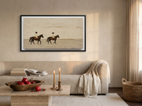 Two Riders Crossing Wide Canvas — Original Palette-Knife Oil, Chocolate & Cream — original hand-painted oil shown on the wall in a styled room