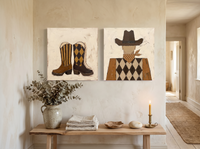 Cowboy Boots & Cowboy — Set of 2 Original Oils, Chocolate & Tan — original hand-painted oil shown on the wall in a styled room