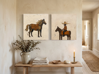 Standing Horse & Small Rider — Set of 2 Original Oils, Chocolate & Rust — original hand-painted oil shown on the wall in a styled room