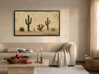 Desert Cacti Row Wide Wall Art — Original Palette-Knife Oil, Olive & Cream — original hand-painted oil shown on the wall in a styled room