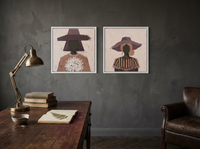 Women in Hats — Set of 2 Original Oils, Mauve & Rose — original hand-painted oil shown on the wall in a styled room