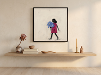 Girl with a Bouquet Wall Art — Original Palette-Knife Oil, Magenta & Cobalt — original hand-painted oil shown on the wall in a styled room