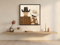 Cowboy & Cowgirl from Behind Wall Art — Original Palette-Knife Oil, Brown & Cream — original hand-painted oil shown on the wall in a styled room