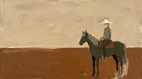 Original wide oil painting of a rider in a cream straw hat on a dark olive horse facing left against a burnt-sienna plain under a pale oat sky