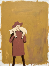 Oil painting of a figure in a clay-rose dress cradling a pale lamb to the chest, on a mustard-gold ground.