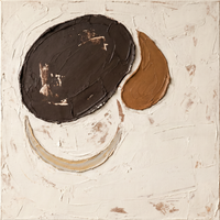 Original textured oil painting of a dark chocolate oval and a caramel teardrop with a faint ochre crescent below, on a thick cream plaster ground, heavy palette-knife impasto.