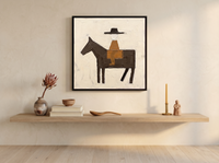 Rider on Horseback Wall Art — Original Palette-Knife Oil, Chocolate & Caramel — original hand-painted oil shown on the wall in a styled room