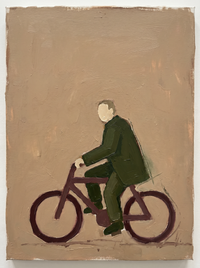 Oil painting of a man in a moss-green coat walking left with a folded paper, a small dachshund trailing behind, on a warm mocha ground.