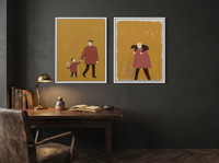 Father & Child with Shepherd — Set of 2 Original Oils, Clay-Rose & Mustard — original hand-painted oil shown on the wall in a styled room