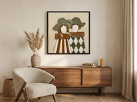 Two Ladies in Hats Wall Art — Original Palette-Knife Oil, Olive & Sienna — original hand-painted oil shown on the wall in a styled room