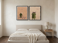 Pigeon-Feeder & Shepherd — Set of 2 Original Oils, Moss & Clay — original hand-painted oil shown on the wall in a styled room