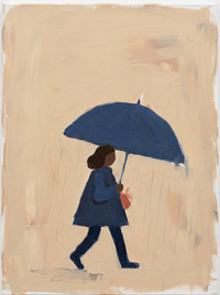 Oil painting of a woman in a indigo-blue dress holding a dark open umbrella above her head, looking down, on a warm cream ground.
