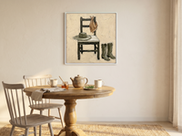Cowboy Chair Still Life Wall Art — Original Palette-Knife Oil, Olive & Tan — original hand-painted oil shown on the wall in a styled room