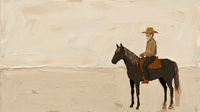 Original wide oil painting of a cowboy in a straw hat on a dark brown horse facing left across a warm tan plain under a cream sky