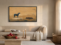 Standing and Resting Horses Wide Wall Art — Original Palette-Knife Oil, Navy & Golden Ochre — original hand-painted oil shown on the wall in a styled room