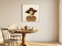 Woman in a Floppy Hat Wall Art — Original Palette-Knife Oil, Chocolate & Ochre — original hand-painted oil shown on the wall in a styled room