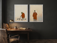 Pigeon-Feeder & Shepherd — Set of 2 Original Oils, Rust & Olive — original hand-painted oil shown on the wall in a styled room