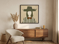 Lady in an Angular Olive Hat Wall Art — Original Palette-Knife Oil, Olive & Rust — original hand-painted oil shown on the wall in a styled room