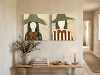 Two Women in Floppy Hats — Set of 2 Original Oils, Olive & Sienna — original hand-painted oil shown on the wall in a styled room